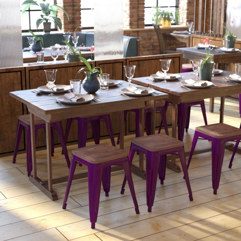 18" Backless Table Height Stool With Wooden Seat, Stackable Purple Metal Indoor Dining Stool, Commercial Grade - Set Of 4