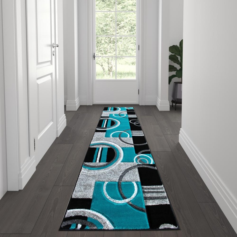 Audra Collection 2' X 7' Turquoise Geometric Abstract Area Rug - Olefin Rug With Jute Backing - Entryway, Living Room, Or Bedroom