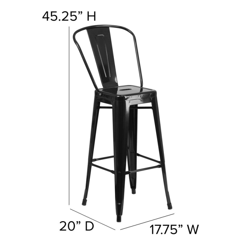 Kai Commercial Grade 30" High Black Metal Indoor-Outdoor Bar Height Stool With Removable Back And Square Black All-Weather Poly Resin Seat