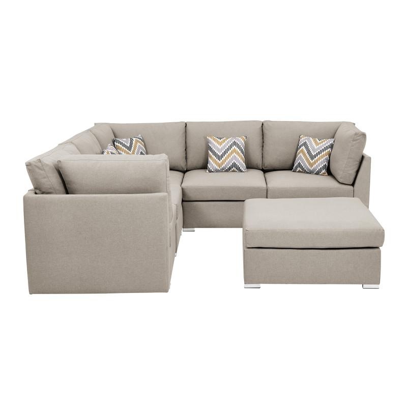 Amira Beige Fabric Reversible Sectional Sofa With Ottoman And Pillows