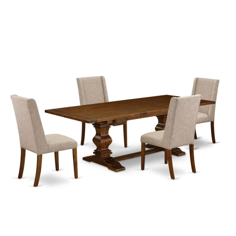 5-Pc Wood Dining Table Set with Chair Legs and Clay Linen Fabric