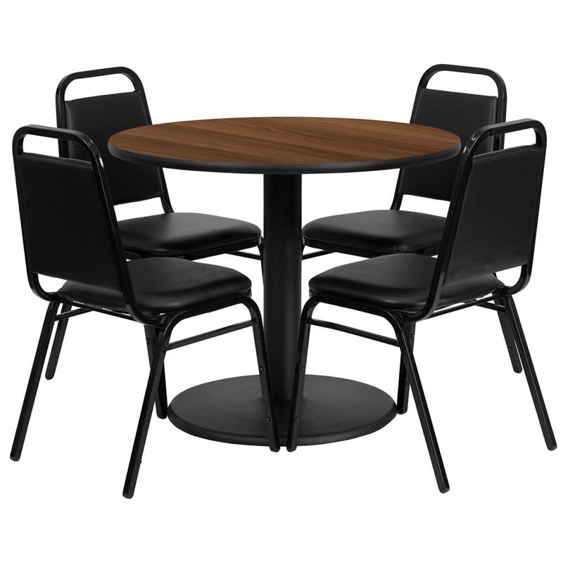 36'' Walnut Table Set With Base And 4 Black Trapezoidal Back Banquet Chairs