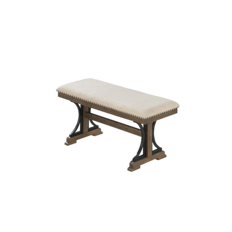 Upholstered Dining Bench In Brown Oak And Beige Fabric