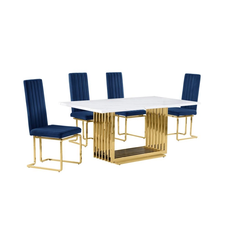 5Pc Small(68") Marble Top Dining Set With Gold Base And 4 Navy Blue Side Chairs