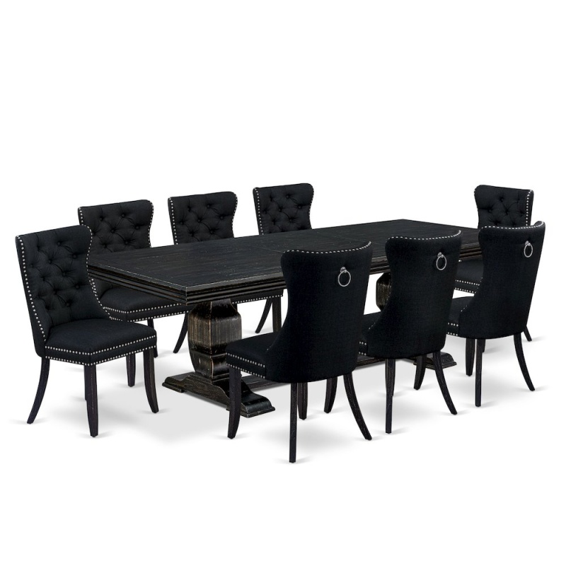9 Piece Dining Room Set with Rectangular Table and 8 Linen Fabric Dining Chairs