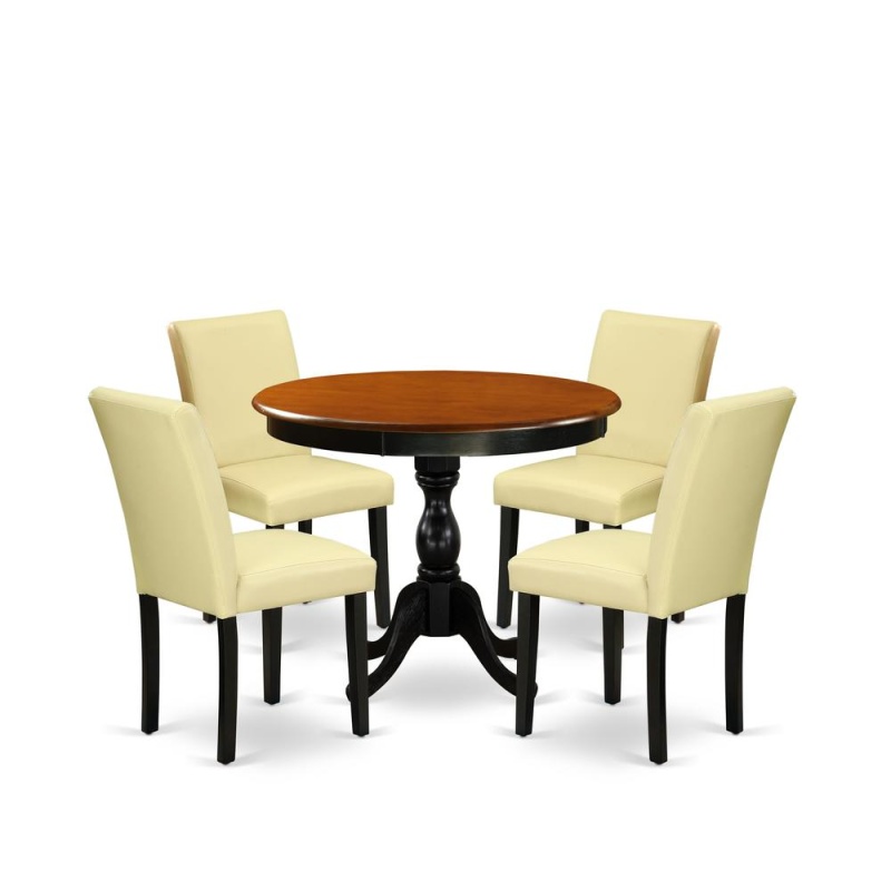 East West Furniture 5-Piece Kitchen Table Set Consists Of A Round Dinning Room Table And 4 Eggnog Pu Leather Dining Room Chairs With High Back - Black Finish