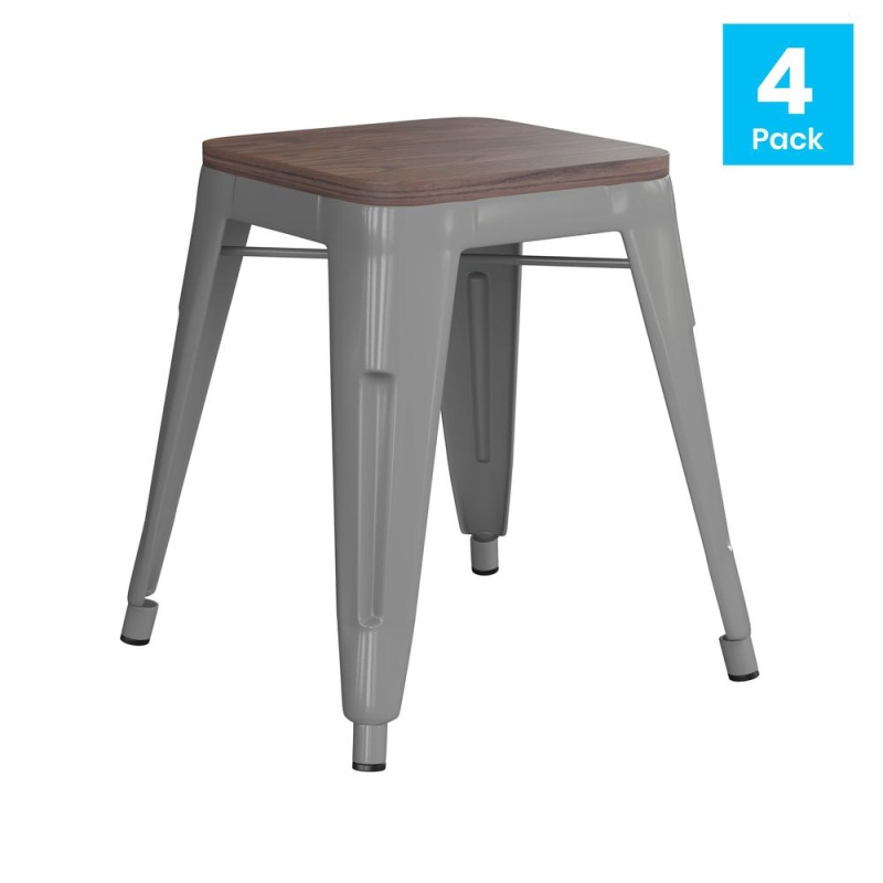 18" Stackable Silver Metal Dining Stool, Set of 4