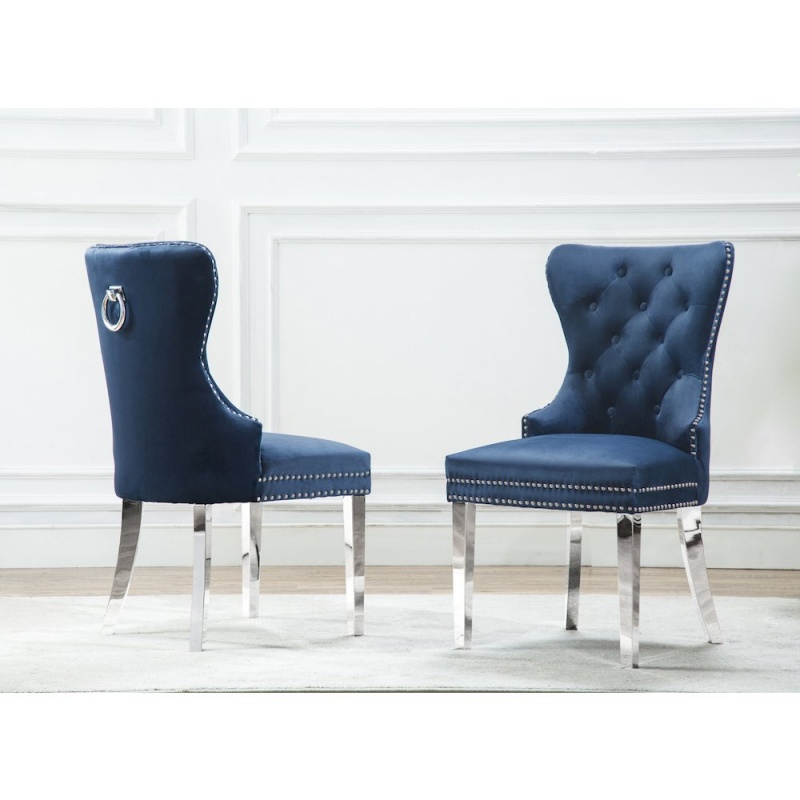 Velvet Tufted Dining Chair, Stainless Steel Legs (Set Of 2) - Navy Blue