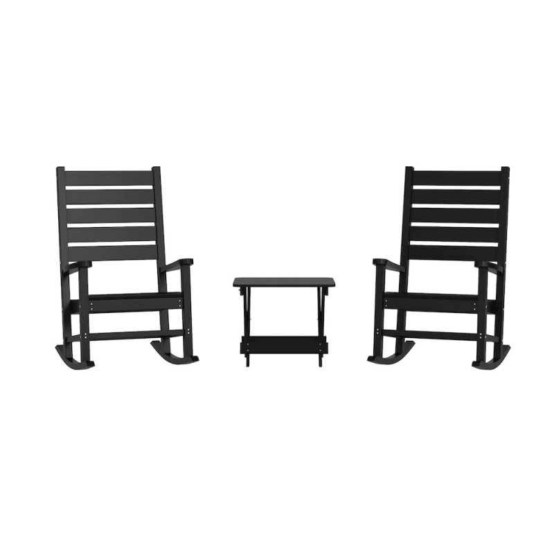3-Piece Set With 2 Contemporary All-Weather Rocking Chairs And End Table, Black