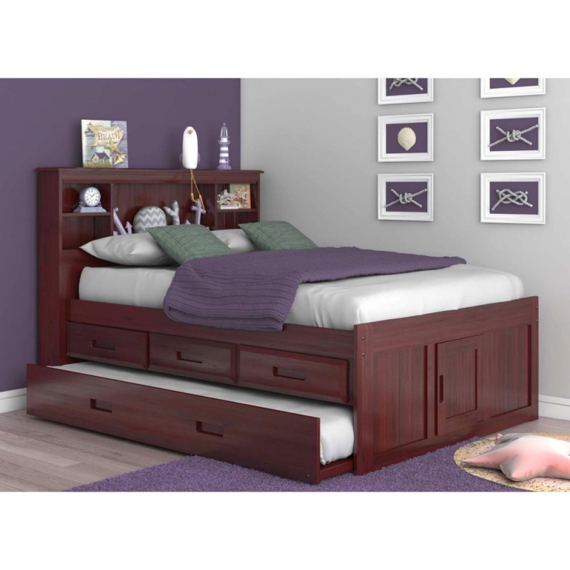 Os Home And Office Furniture Model Solid Pine Full Captains Bookcase Bed With 3 Drawers And A Twin Sized Trundle In Rich Merlot