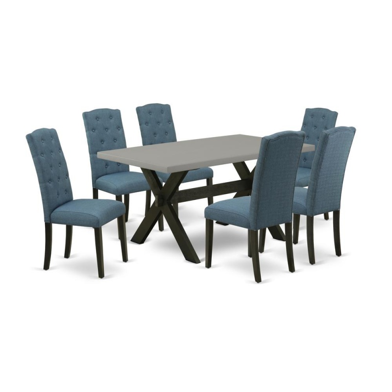 East West Furniture X696ce121-7 7-Pc Kitchen Table Set - 6 Padded Parson Chairs And 1 Modern Rectangular Cement Dining Table Top With Button Tufted Chair Back - Wire Brushed Black Finish