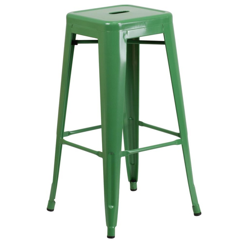 23.75" Square Green Metal In-Outdoor Bar Table Set-2 Square Seat Stools