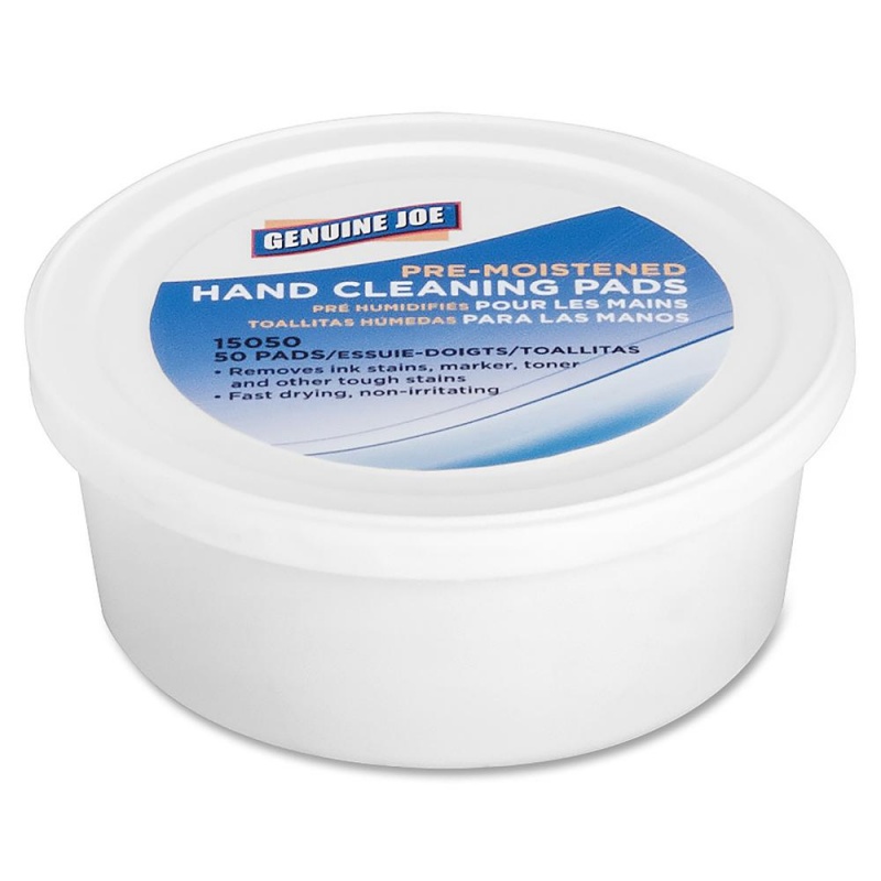 Genuine Joe Pre-Moistened Hand Cleaning Pads - 3" Roll Diameter - White - Quick Drying, Pre-Moistened, Non-Irritating - For Multi Surface, Hand, Tools - 50 Per Pack - 72 / Carton