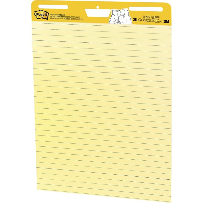 Post-It® Super Sticky Easel Pad - 30 Sheets - Stapled - Feint Blue Margin - 18.50 Lb Basis Weight - 25" X 30" - Canary Yellow Paper - Self-Adhesive, Bleed-Free, Perforated, Repositionable, Resist