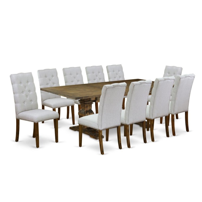 East West Furniture 11-Piece Dining Table Set Includes A Rectangular Dining Table And 10 Grey Linen Fabric Parson Chairs With Button Tufted Back - Distressed Jacobean Finish