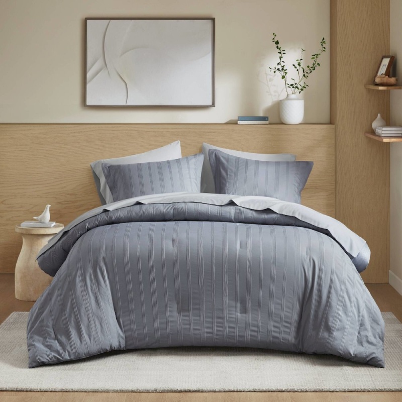 Logan Woven Striped Comforter Set, Blue/Grey Color