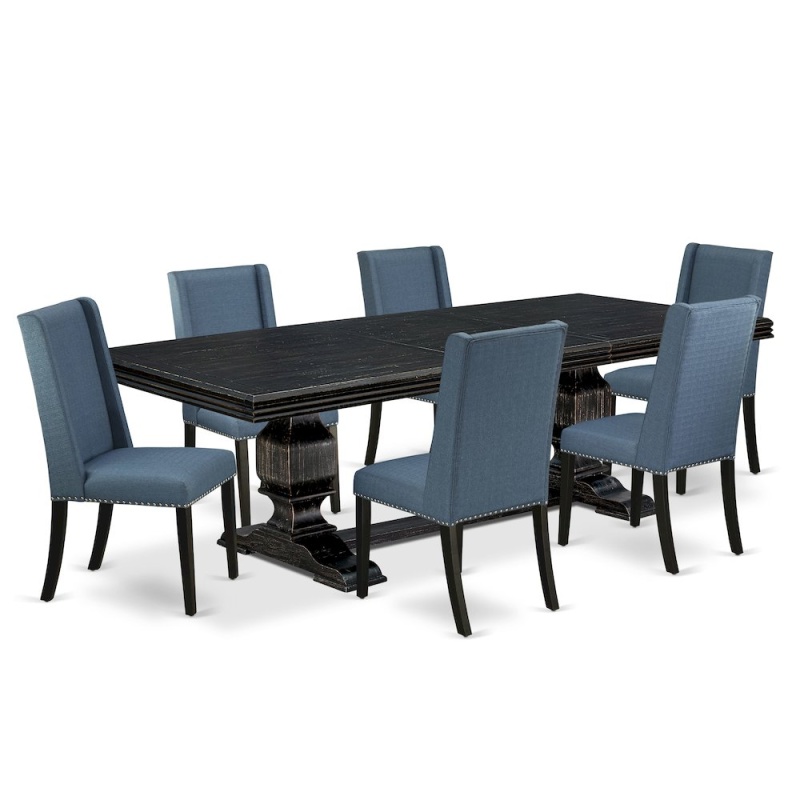 7 Piece Dining Room Set with Wooden Table and 6 Linen Fabric Dining Chairs