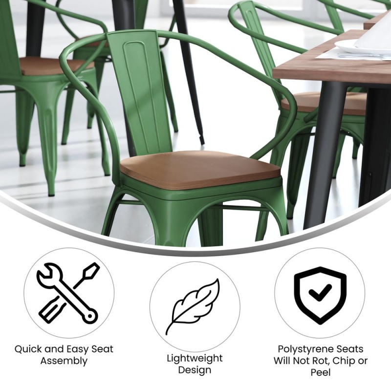 Luna Commercial Grade Green Metal Indoor-Outdoor Chair With Arms With Teak Poly Resin Wood Seat
