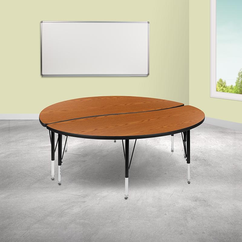 2 Piece 60" Circle Wave Collaborative Oak Thermal Laminate Activity Table Set - Height Adjustable Short Legs