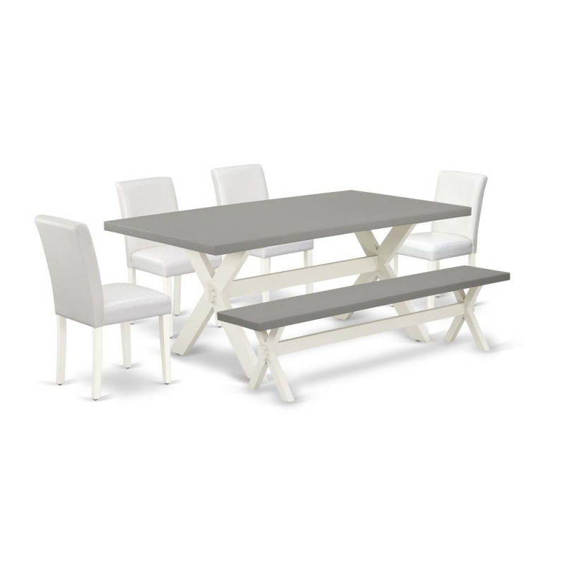 East West Furniture X097ab264-6 6-Piece Stylish Modern Dining Table Set Of High Quality Cement Color Wood Dining Table Top And Cement Color Wood Bench And 4 Amazing Pu Leather Padded Parson Chairs Wit