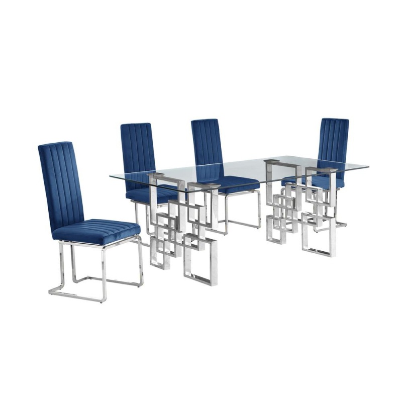 5-Piece Glam Dining Set With 4 Navy Blue Chairs And One 79" Glass Table