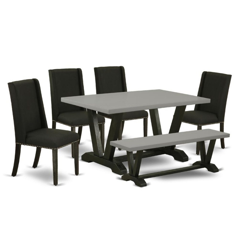 East West Furniture 6-Pc Dinette Table Set-Black Linen Fabric Seat And Button Tufted Chair Back Upholstered Dining Chairs, A Rectangular Bench And Rectangular Top Wood Kitchen Table With Wood Legs - c