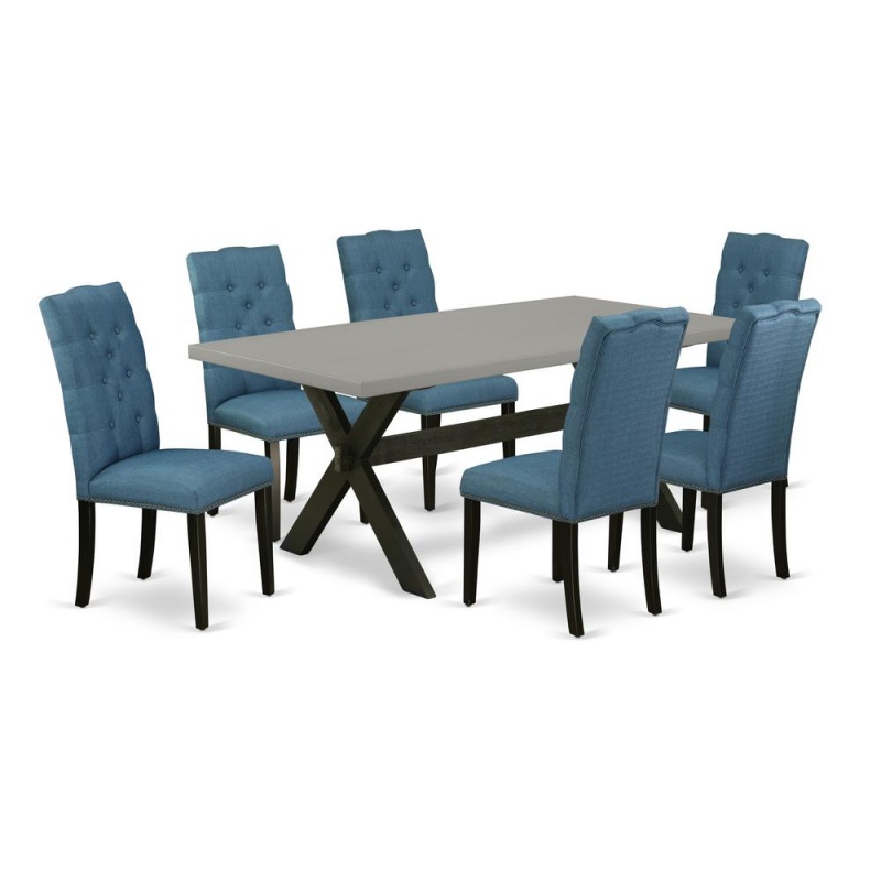East West Furniture 7-Piece Awesome Rectangular Table Set A Superb Cement Color Wood Table Top And 6 Attractive Linen Fabric Dining Room Chairs With Nail Heads And Button Tufted Chair Back, Wire Brush