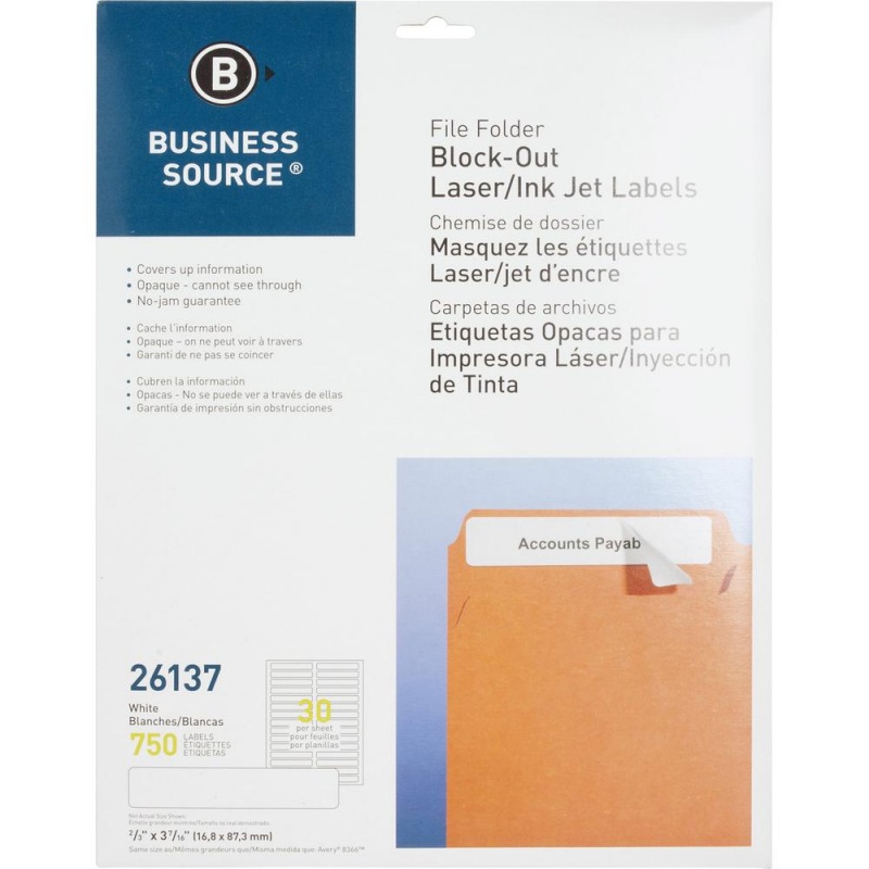 Business Source Block-Out File Folder Labels - 3 7/16" Length - Permanent Adhesive - Laser, Inkjet - White - 30 / Sheet - 750 / Pack - Lignin-Free