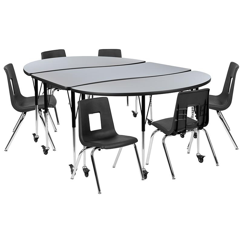 Mobile 86" Wave Activity Table Set with 16" Student Stack Chairs, Grey/Black