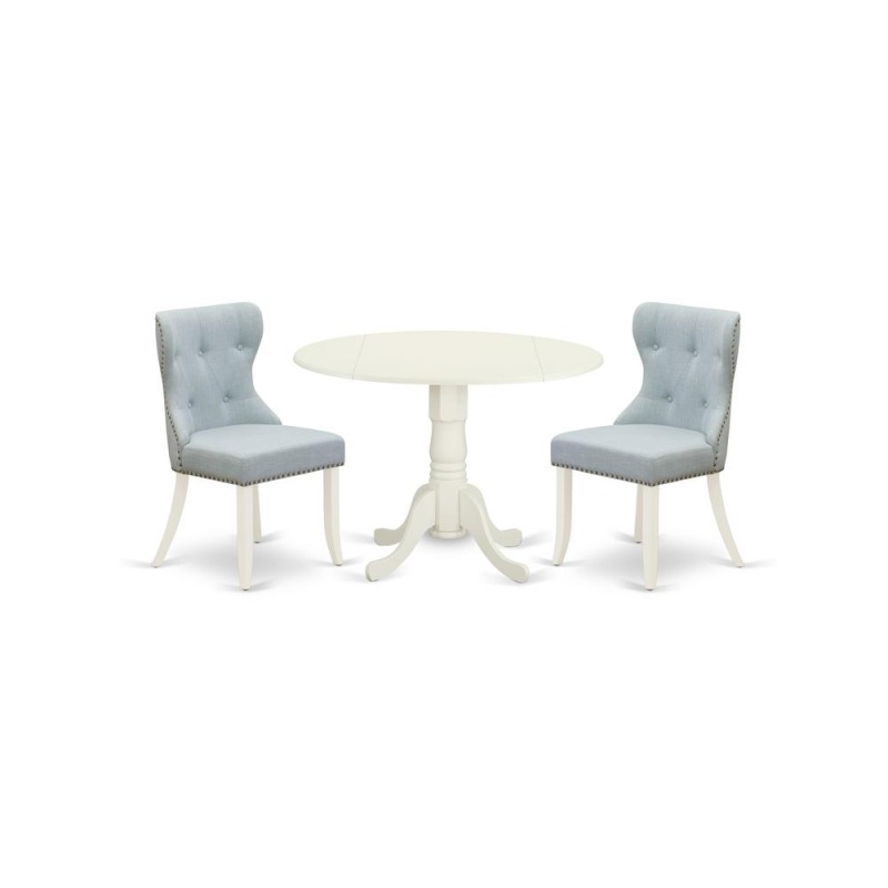East-West Furniture Dlsi3-Whi-15 - A Dining Table Set Of Two Fantastic Dining Room Chairs With Linen Fabric Baby Blue Color And An Attractive Wood Table With Linen White Color