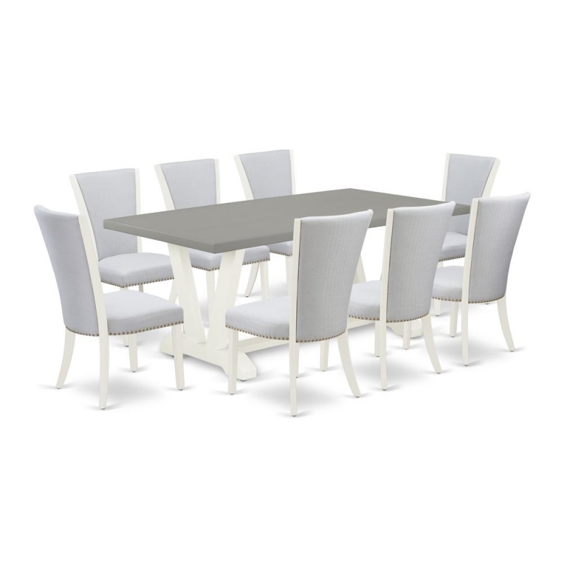East West Furniture 9-Piece Dining Room Set Includes 8 Dining Chairs With Upholstered Seat And Stylish Back-Rectangular Dining Room Table - Cement And Wirebrushed Linen White Finish