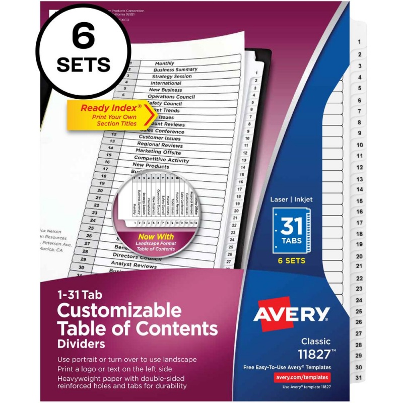 Avery® 1-31 Custom Table Of Contents Dividers - 186 X Divider(S) - 1-31, Table Of Contents - 31 Tab(S)/Set - 8.5" Divider Width X 11" Divider Length - 3 Hole Punched - White Paper Divider - White