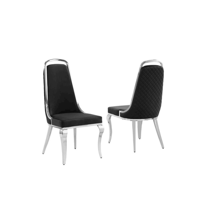 Black Velvet High Back Chair With Silver Chrome Trim, Set Of 2