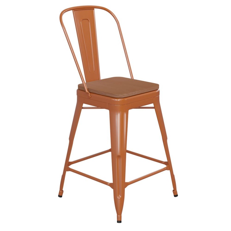 Kai Commercial Grade 24" High Orange Metal Indoor-Outdoor Counter Height Stool With Removable Back And Square Teak All-Weather Poly Resin Seat