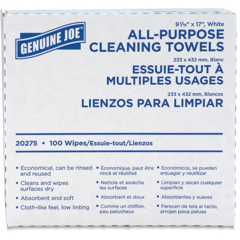 Genuine Joe All-Purpose Cleaning Towels - 16.50" X 9.50" - White - Fabric - Soft, Reusable, Absorbent, Non-Abrasive, Medium Duty - 100 Per Box - 100 / Box