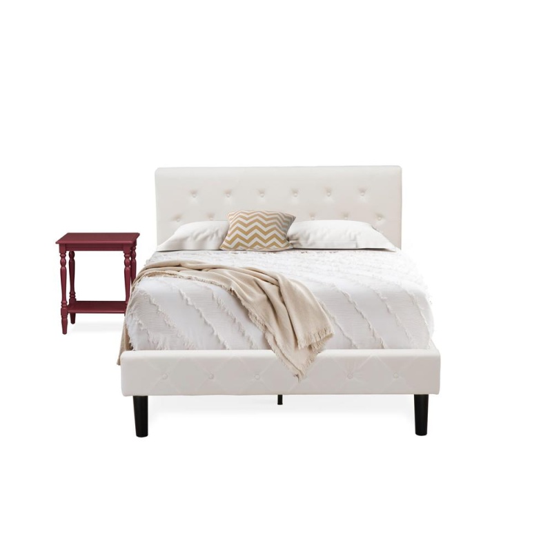 Nl19f-1Bf13 2 Piece Full Bed Set - 1 Full Bed White Velvet Fabric Headboard And 1 Bedroom Nightstand - Burgundy Finish Nightstand