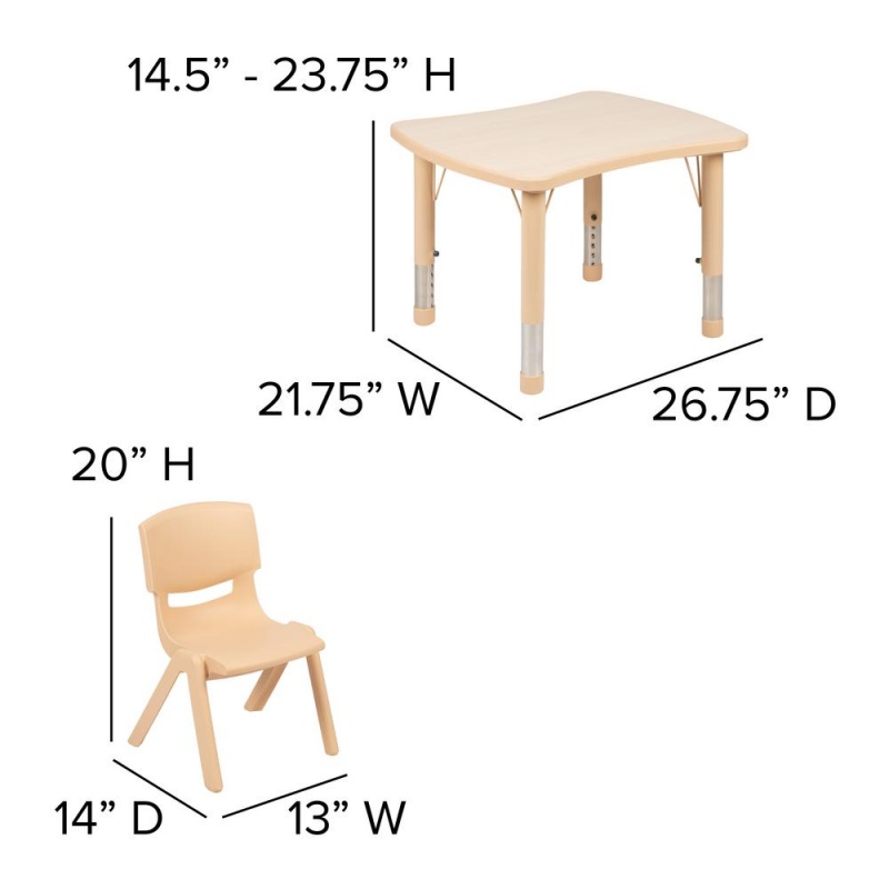 21.875"W X 26.625"L Rectangular Natural Plastic Height Adjustable Activity Table Set With 2 Chairs