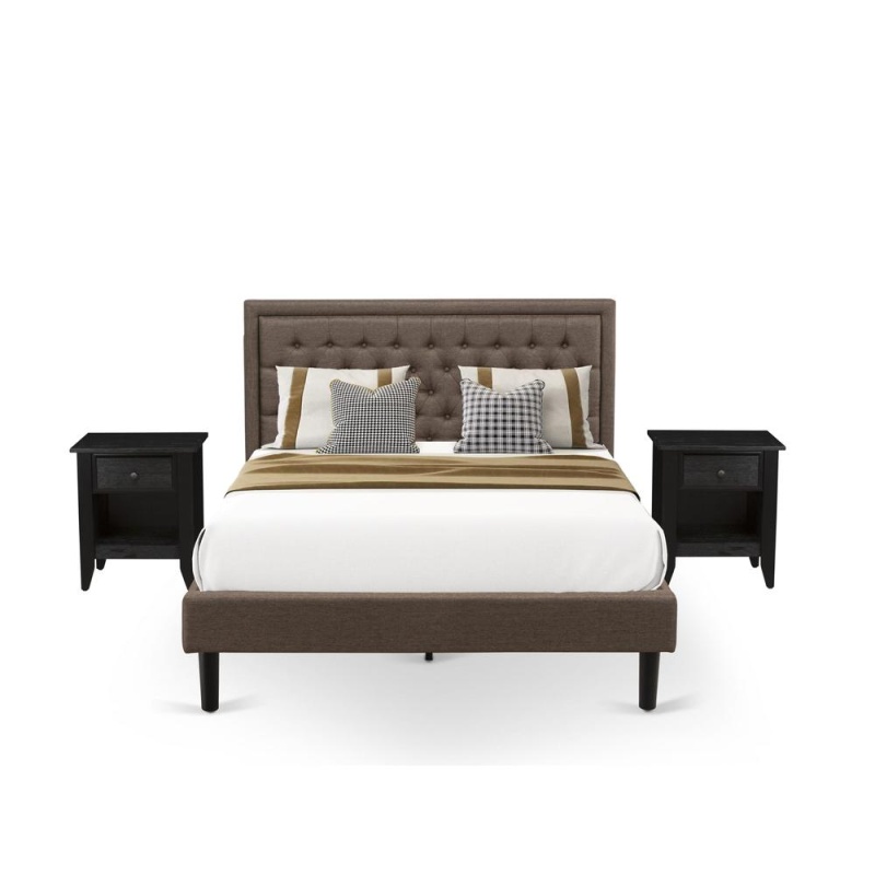 Kd18q-2Ga06 3 Pc Queen Bed Set - Queen Size Bed Frame Brown Headboard With 2 Night Stands - Black Finish Legs