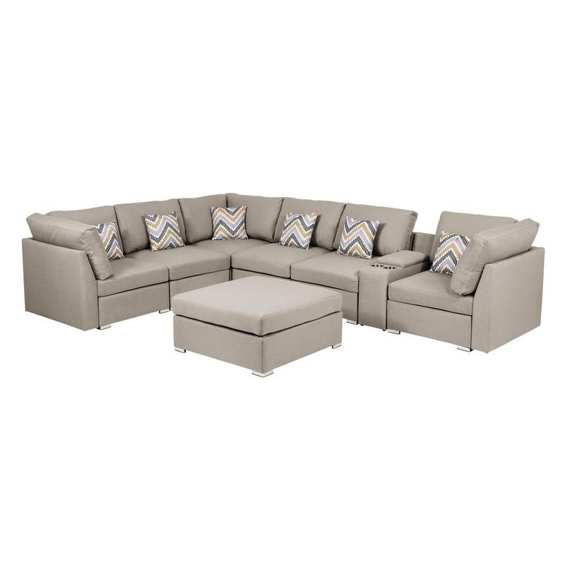 Amira Beige Fabric Reversible Modular Sectional Sofa With Usb Console And Ottoman
