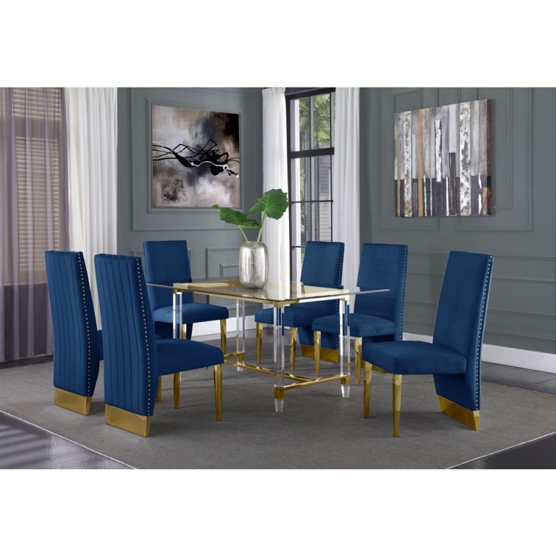 Acrylic Glass 7Pc Gold Set Pleated Chairs In Navy Blue Velvet