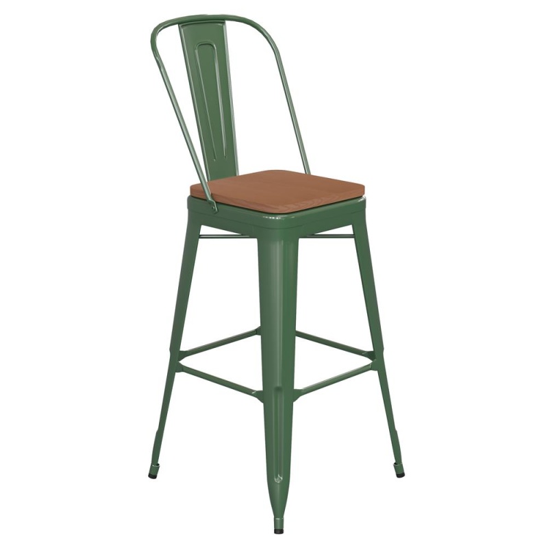 Kai Commercial Grade 30" High Green Metal Indoor-Outdoor Bar Height Stool With Removable Back And Square Teak All-Weather Poly Resin Seat