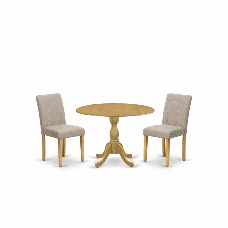 East West Furniture Dmab3-Oak-04 3 Piece Dining Table Set - Oak Small Dining Table And 2 Light Tan Linen Fabric Modern Dining Chairs With High Back - Oak Finish