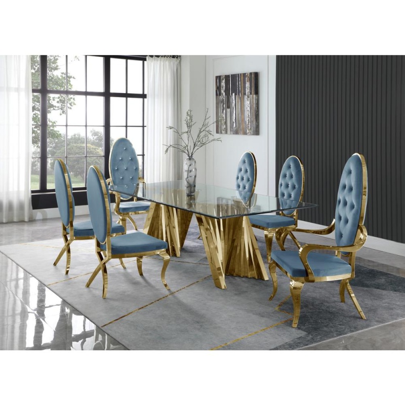 Classic 7Pc Dining Set W/Uph Tufted Side/Arm Chair, Glass Table W/ Gold Spiral Base, Teal