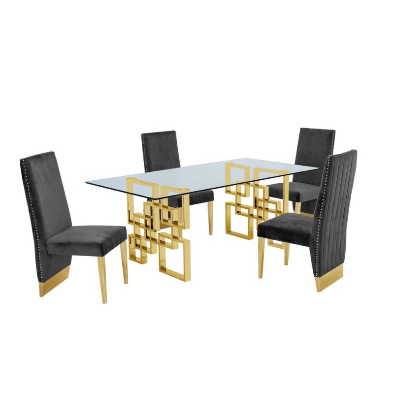 Classic 7 Piece Dining Set with Glass Table Top and Pleated Chairs, Dark Grey