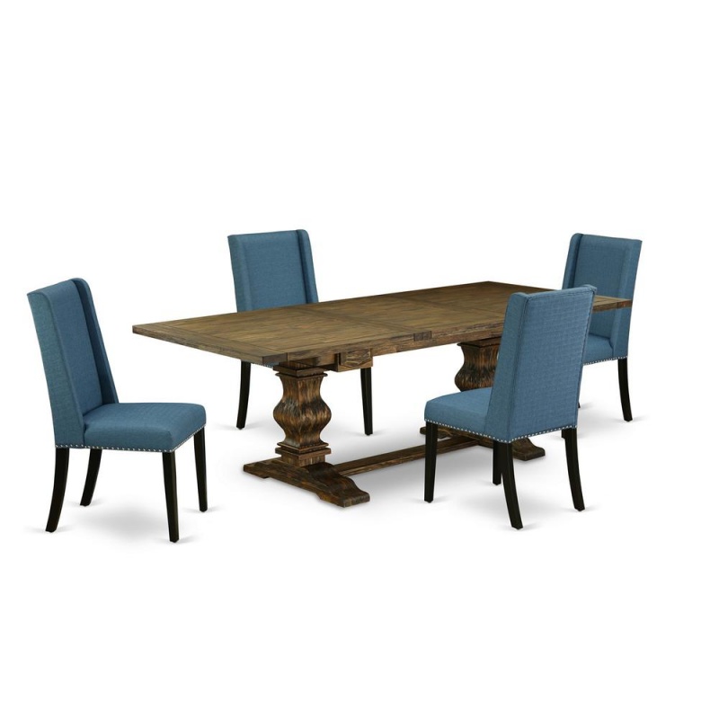 East West Furniture Lafl5-71-21 5 Piece Dining Table Set Includes A Rectangle Kitchen Table With Removable Leaf And 4 Blue Linen Fabric Parson Dining Chairs, 42X92 Inch, Jacobean