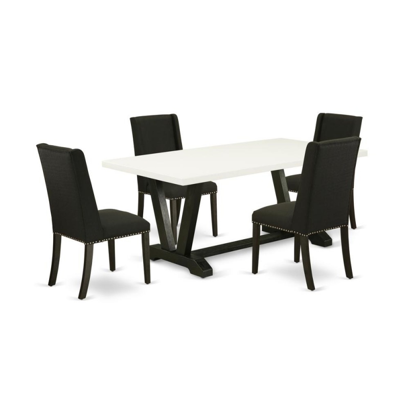 East West Furniture 5-Piece Included 4 Kitchen Dining Chairs Upholstered Nails Head Seat And Stylish Chair Back And Rectangular Dining Dining Table With Linen White Rectangular Dining Table Top - Blac