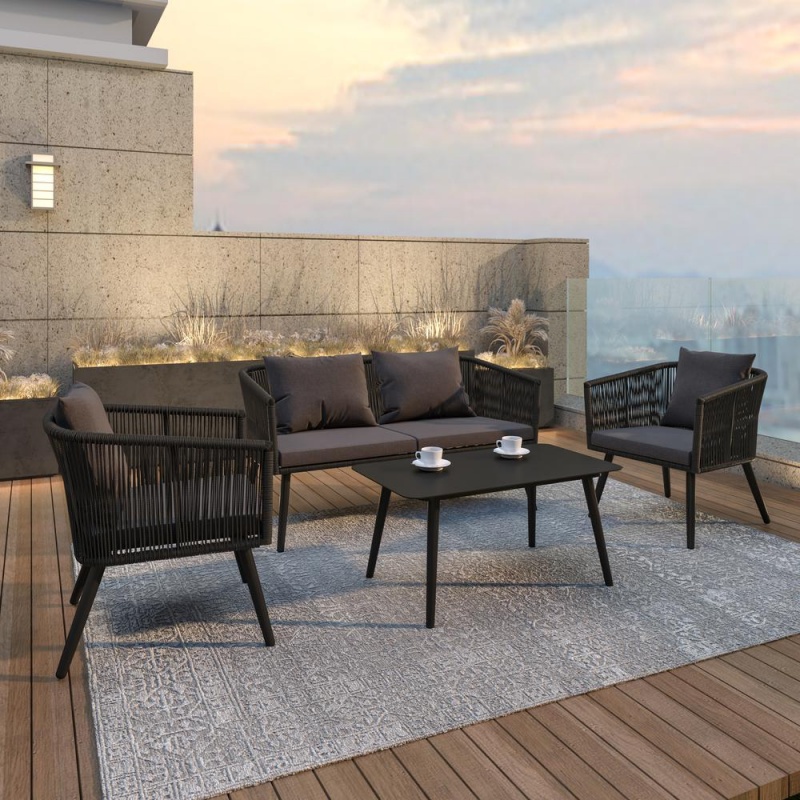 Kierra Black All-Weather 4-Piece Woven Conversation Set With Gray Zippered Removable Cushions & Metal Coffee Table