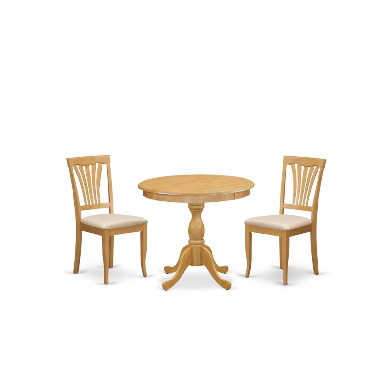 Amav3-Oak-C 3 Piece Dining Room Set - 1 Kitchen Table And 2 Oak Linen Fabric Dinning Room Chairs - Oak Finish