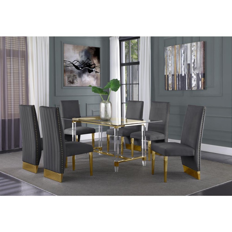 Acrylic Glass 7Pc Gold Set Pleated Chairs In Dark Grey Velvet