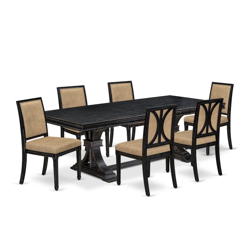 7 Piece Modern Dining Table Set with 6 Dark Grey Chairs